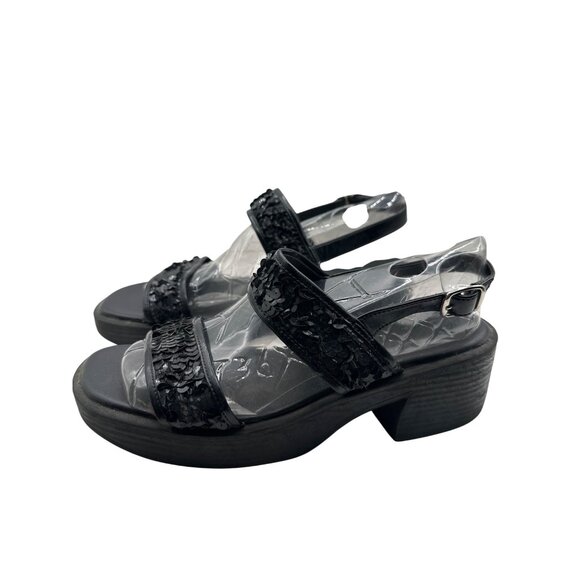 Coaster Size 9 Sandals With Sequined Straps & Chunky Heel Black - Picture 4 of 7